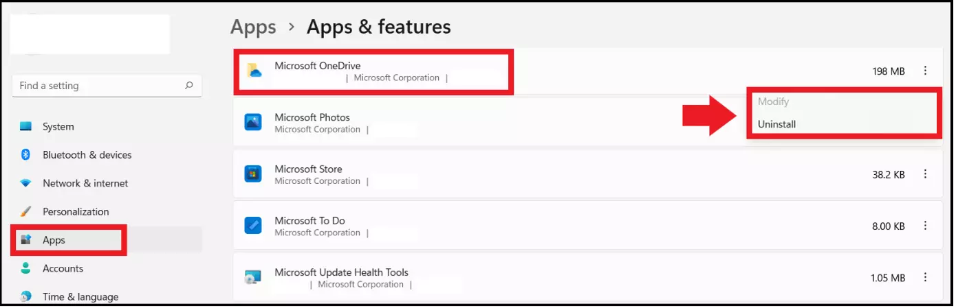 The list of apps in the ‘Apps and features’ menu in Windows Settings