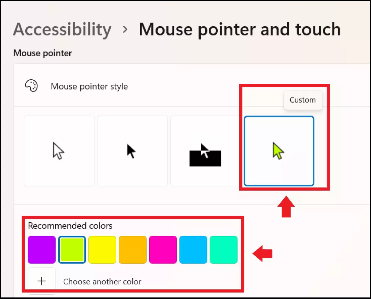 Colour options for the cursor in the ‘Mouse pointer’ menu