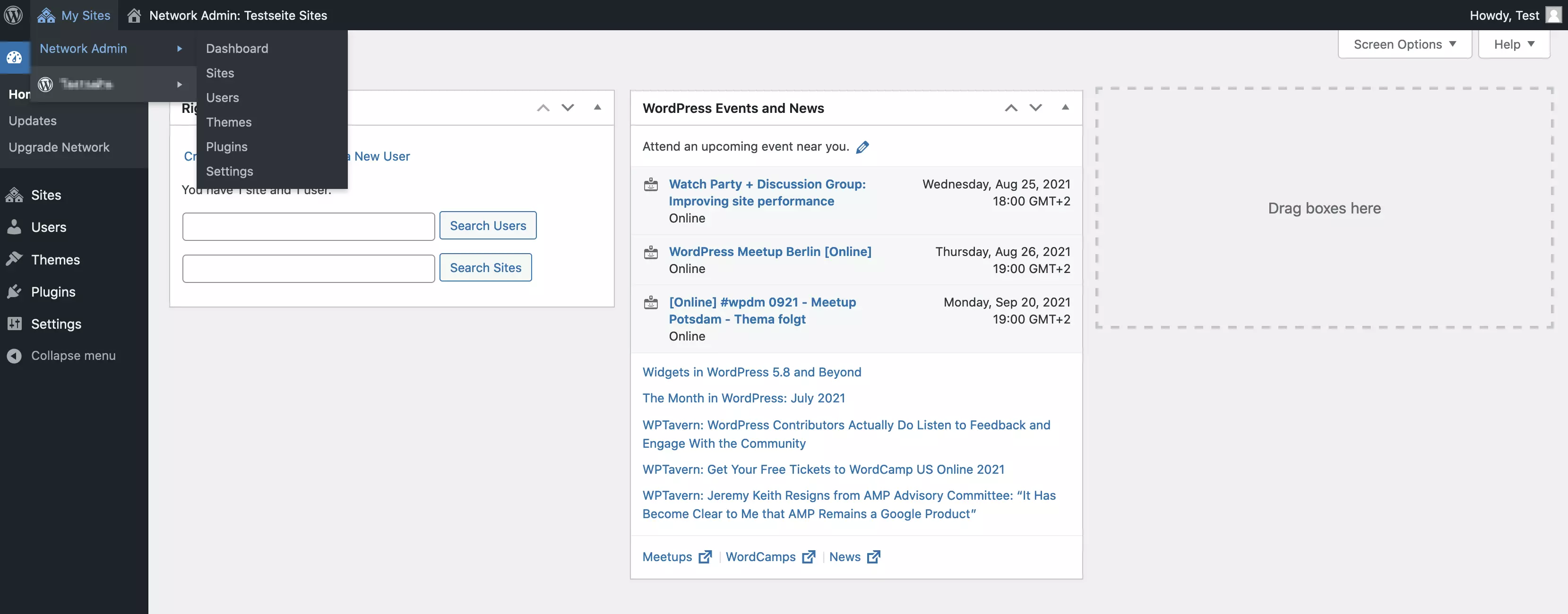 Network dashboard in WordPress backend