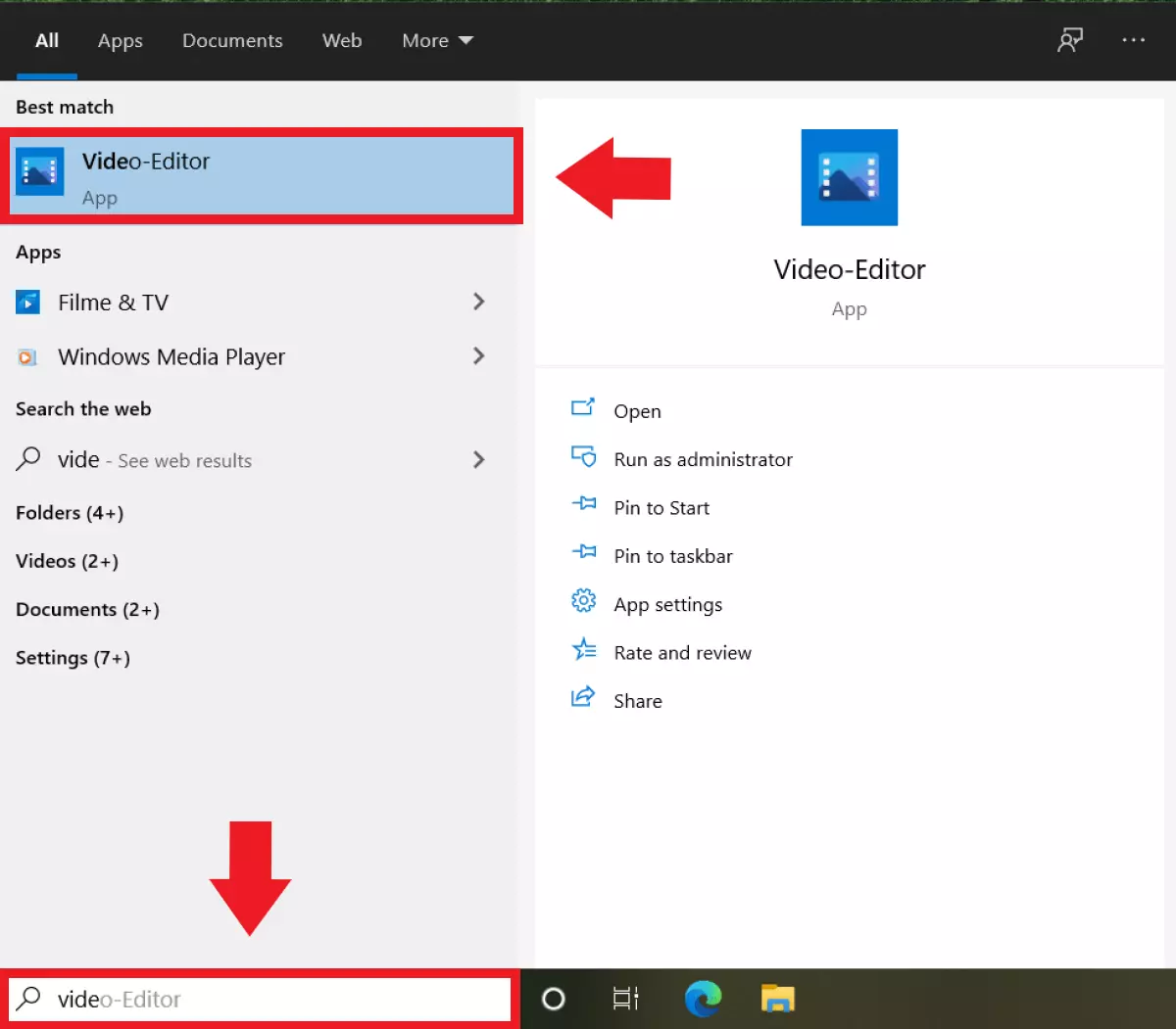 Enter ‘Video Editor’ in the Windows search bar