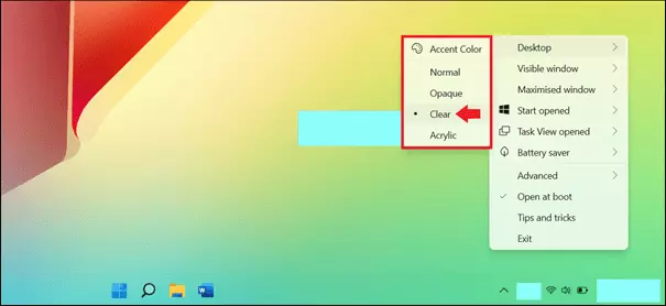 The 'Clear' command in TranslucentTB makes the taskbar transparent