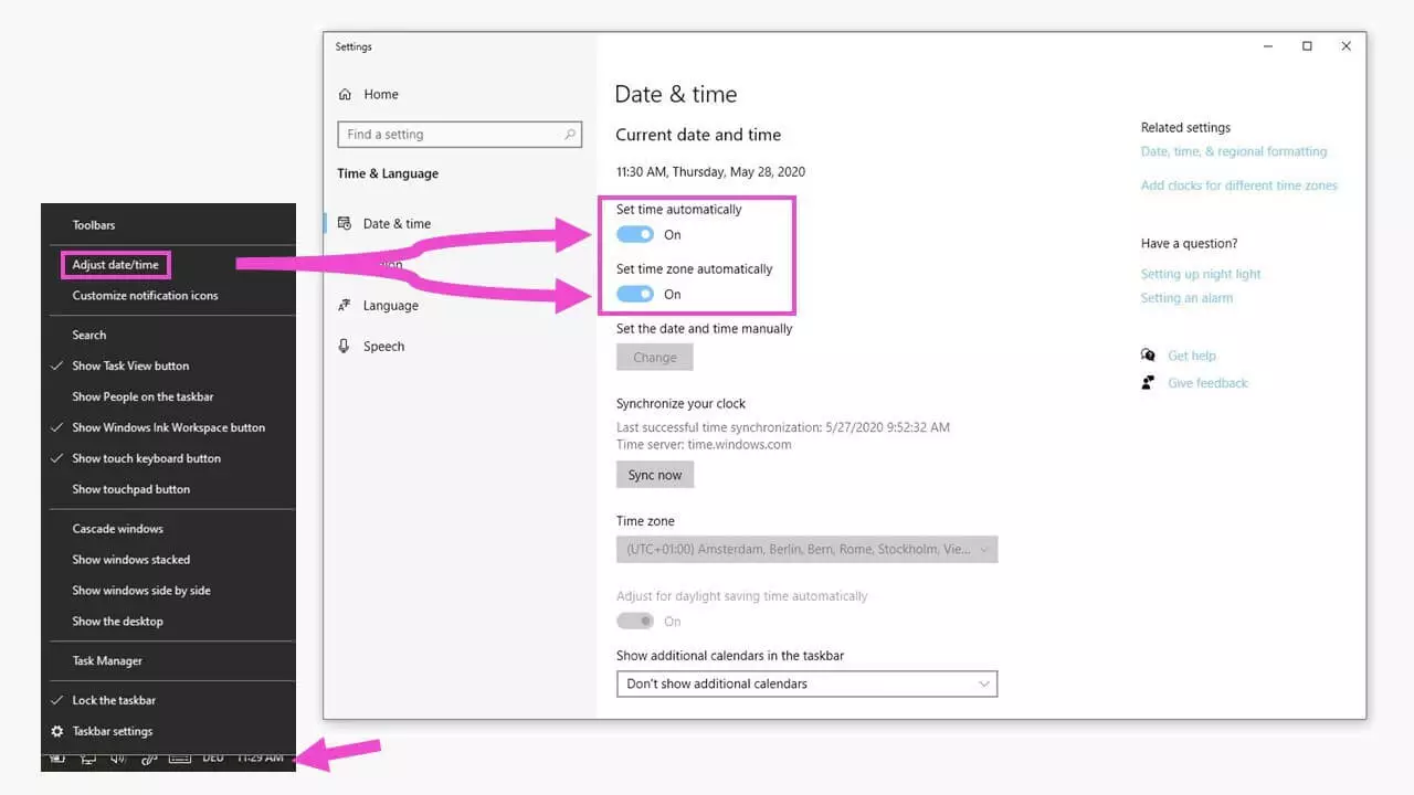 Windows settings: Date and time