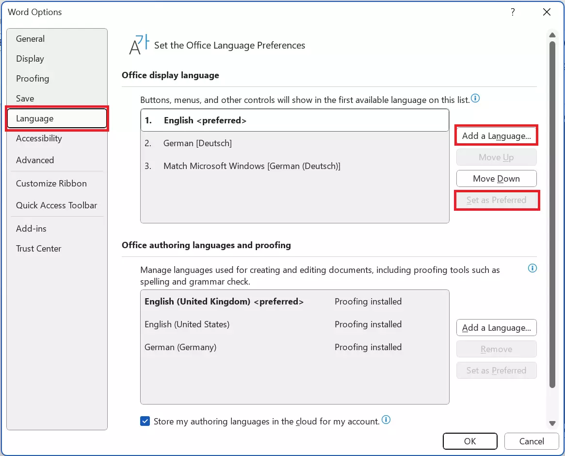 Language settings in Word