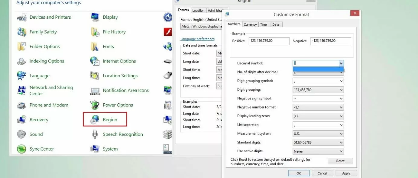 Windows Control Panel: Adapting the format in the “Region” menu