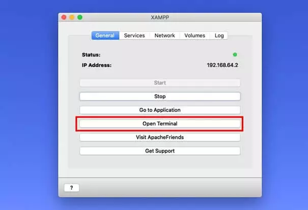 XAMPP user interface with the ‘Open Terminal’ button