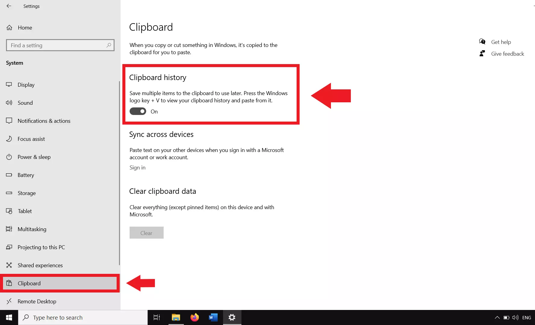 Clipboard in Windows settings with the ‘Clipboard history’