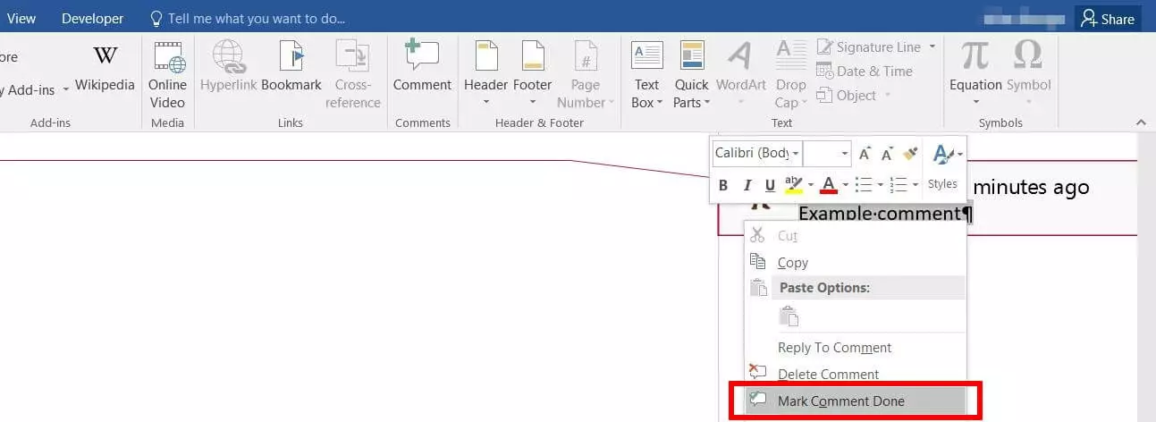 “Mark Comment Done” option in Word 2016