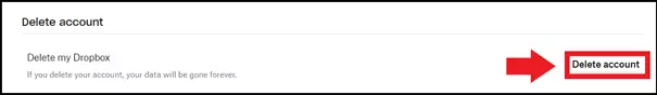 The 'Delete account' command in a Dropbox account