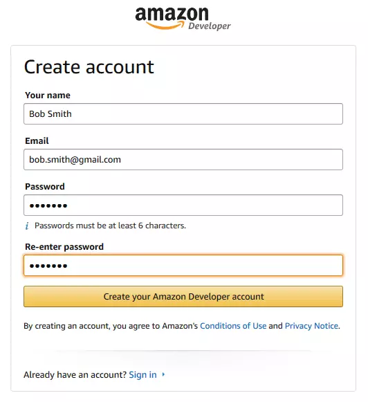 Amazon Developer: create account