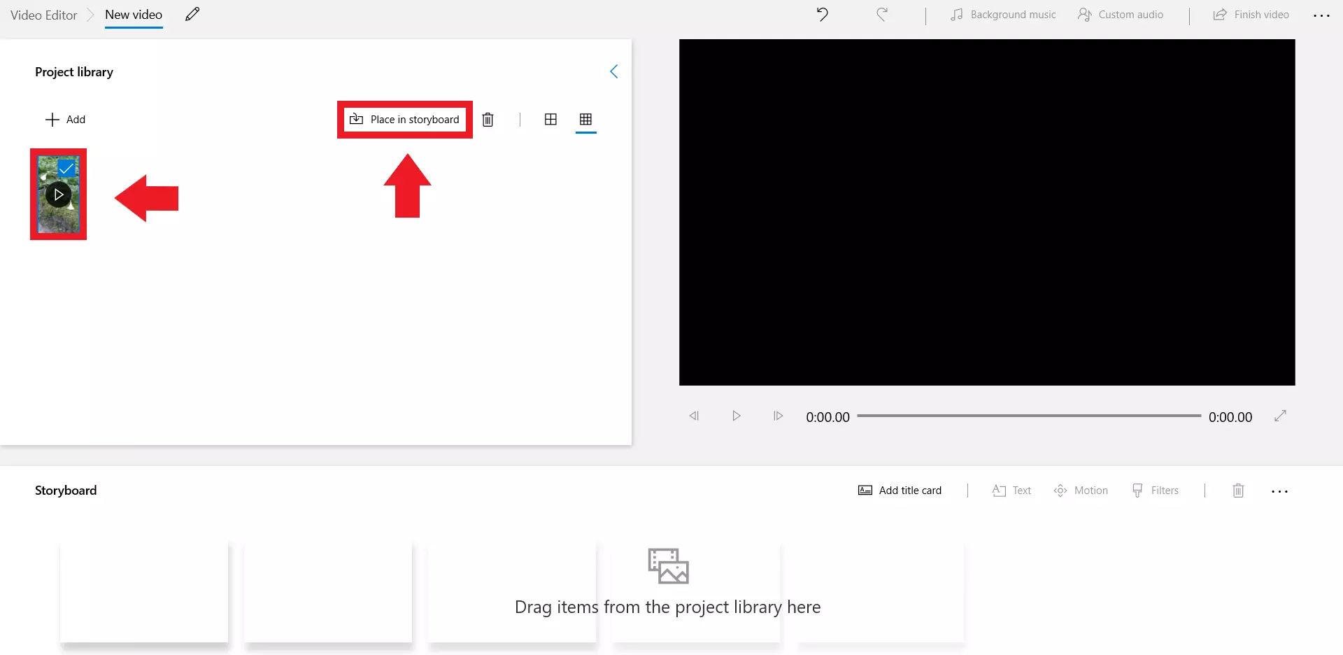 Click on the imported video and then on ‘Place in storyboard’