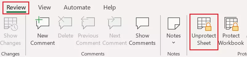 Image of ‘Review’ > ‘Unprotect Sheet’