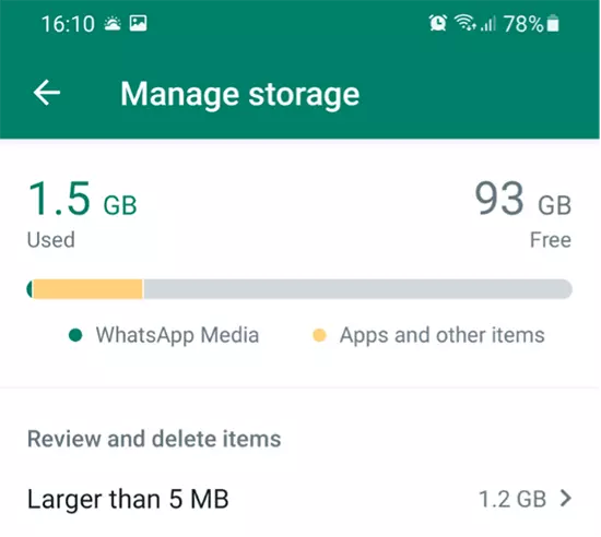 Screenshot of ‘Manage storage’ in WhatsApp