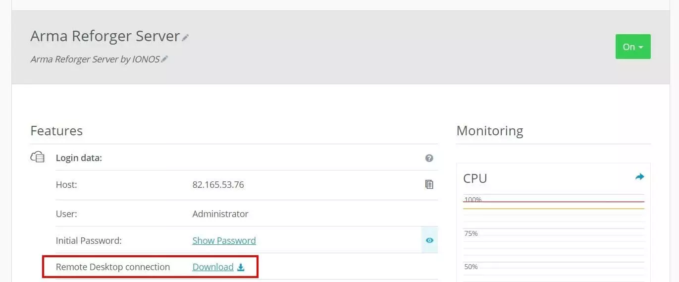 IONOS Cloud Panel: Llogin data and remote desktop setup