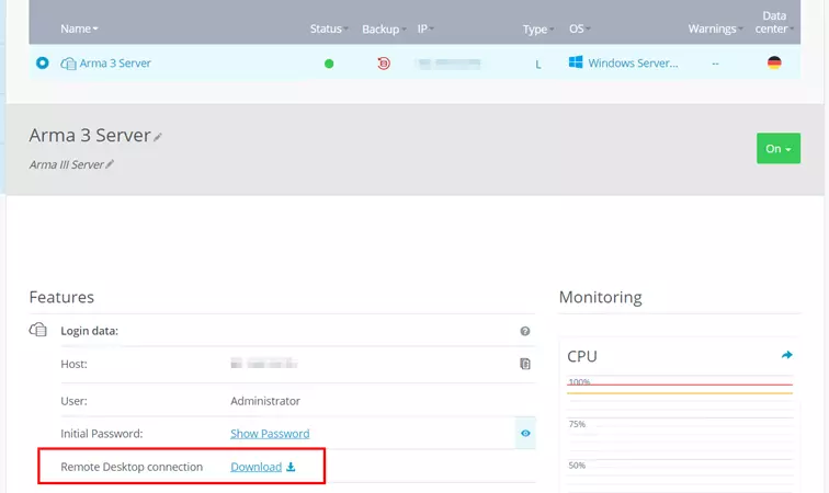 IONOS Cloud Panel: Overview of server access data