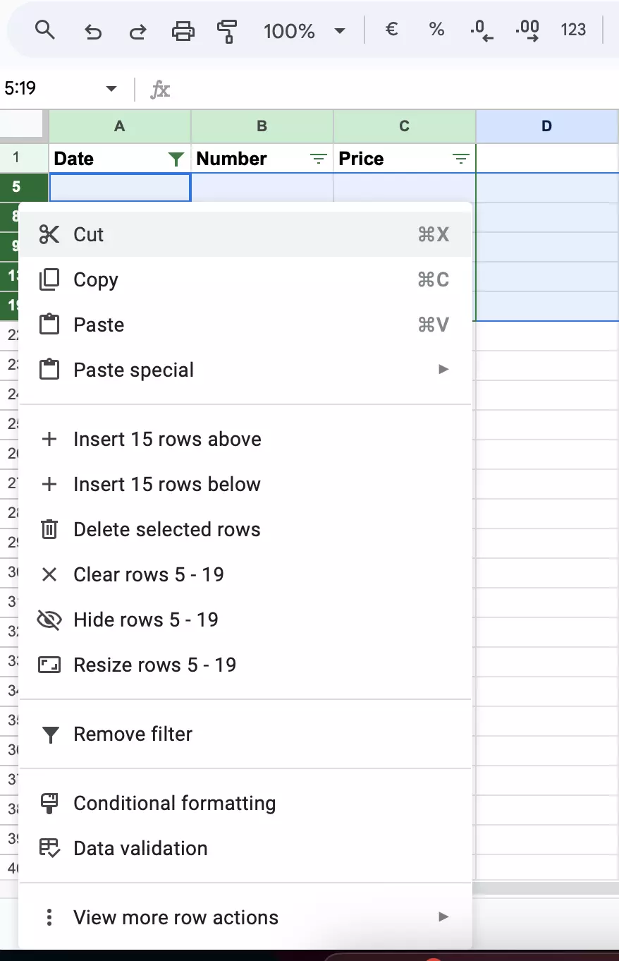 Screenshot of the drop-down menu in Google Sheets