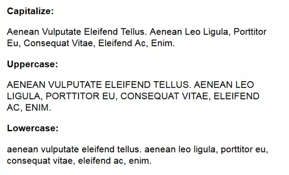 Browser view of the CSS text transformations capitalize, uppercase, and lowercase