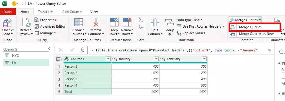 Go to ‘Combine’ and ‘Merge Queries’ in the menu