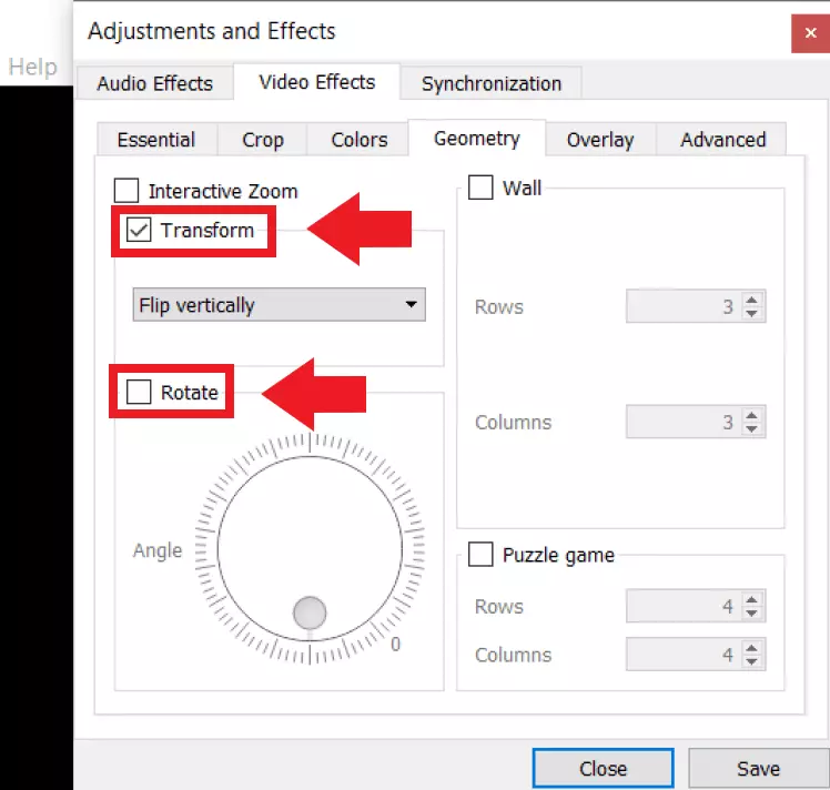 Tick the ‘Transform’ and ‘Rotate’ boxes to adjust the video