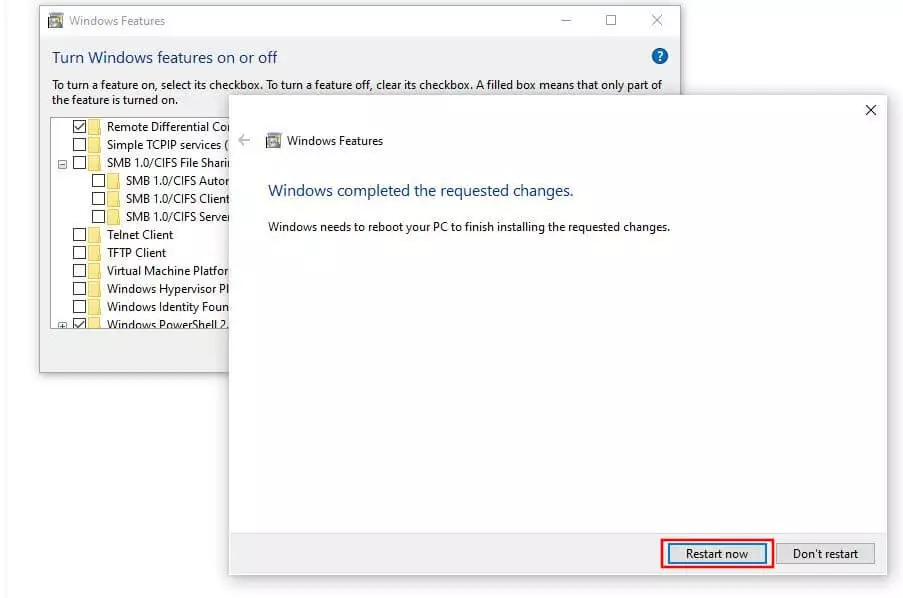 Windows 10: Restart dialogue