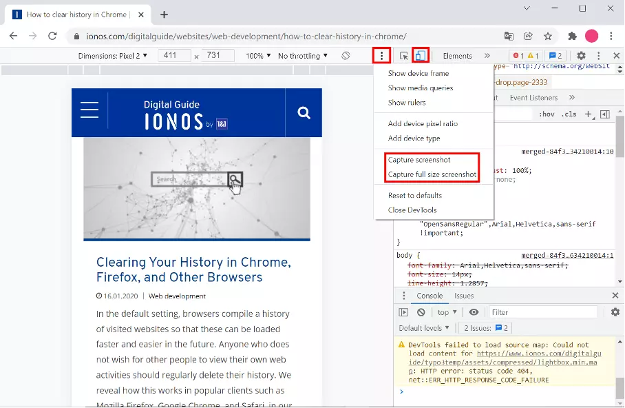 Screenshot of the developer tools option in Chrome