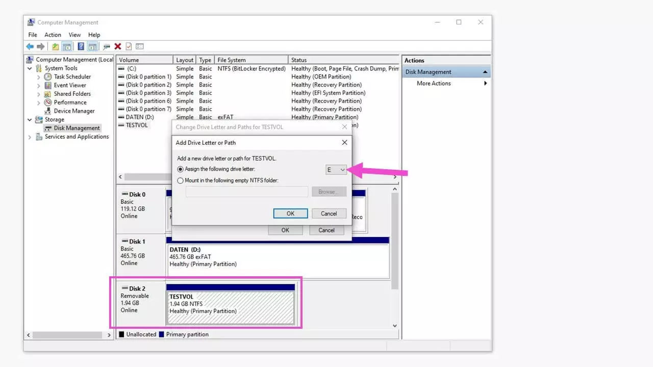 Choosing a drive letter in Disk Management 