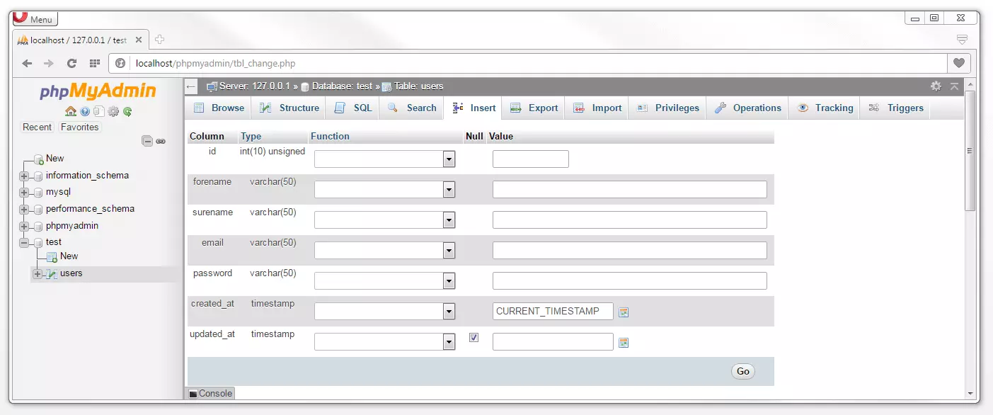 phpMyAdmin: Data entry field for the creation of table entries