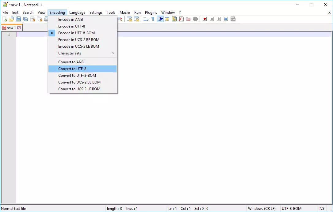 Changing the encoding in Notepad++ to remove the byte order mark