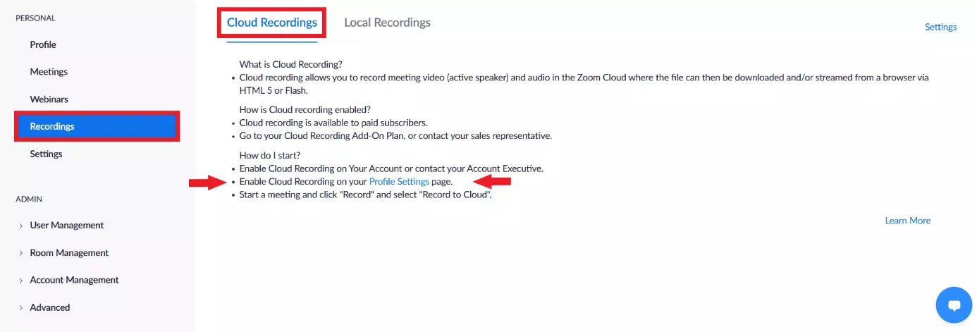 ‘Recordings’ option in the Zoom menu with the tab ‘Cloud Recordings’