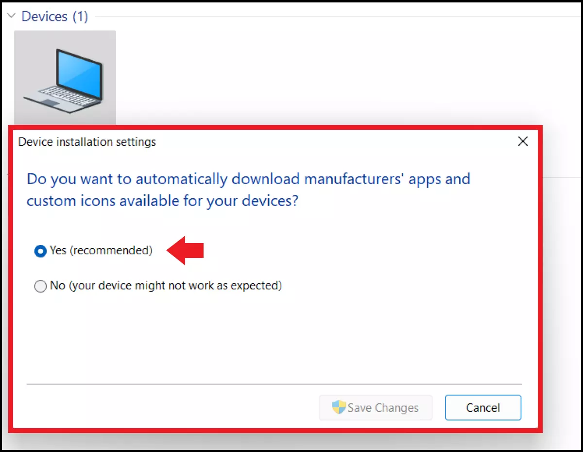 The ‘Device installation settings’ menu