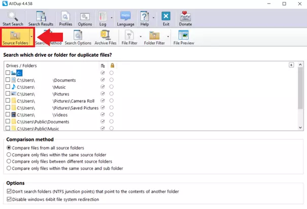 Under ‘Source Folder’, select which folders AllDup should search for duplicate files
