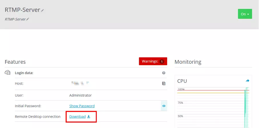 Overview of IONOS Cloud Panel of RTMP server