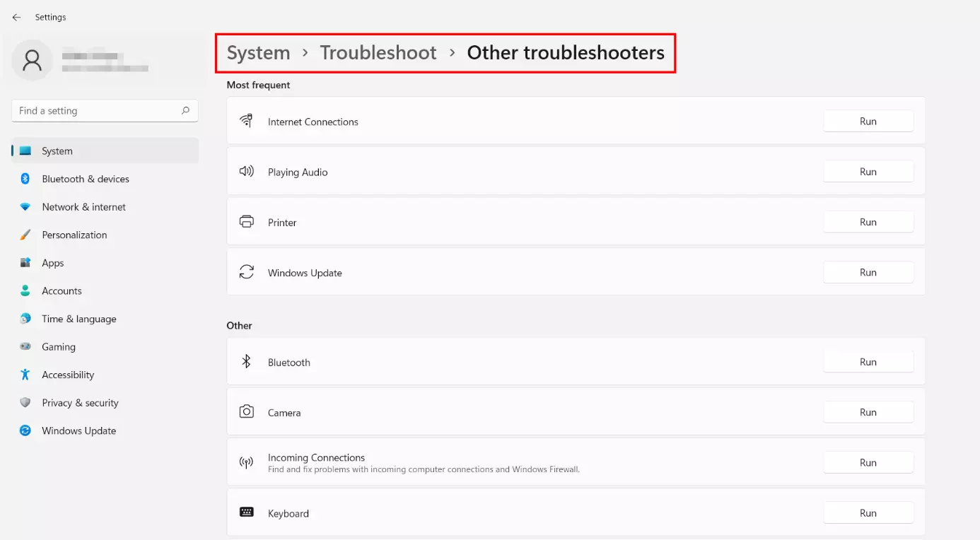 Windows 11: Menu ‘Other troubleshooters’