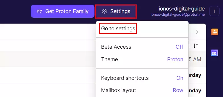 ‘Go to settings’ in ProtonMail