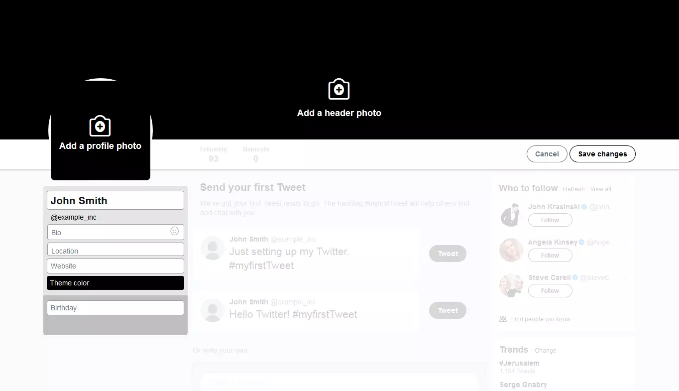 Screenshot of the Twitter interface before the profile has been edited