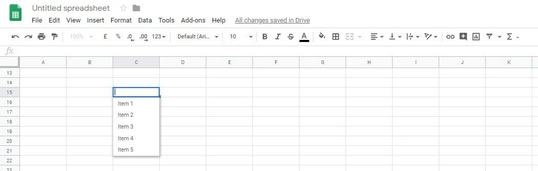 Items in the Google Sheets drop-down list