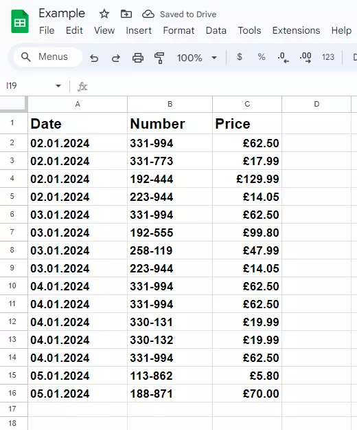 Screenshot of the spreadsheet without empty rows