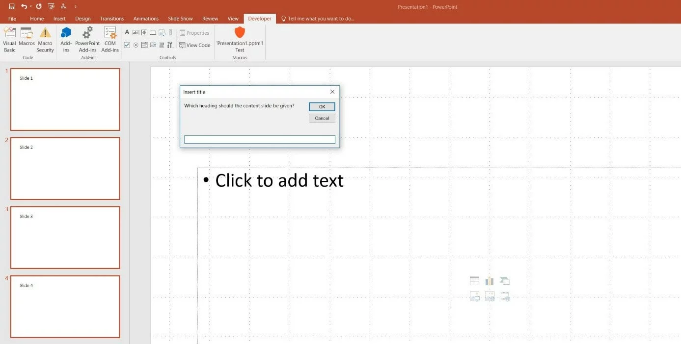 PowerPoint 2016: Macro dialogue box “Enter title”