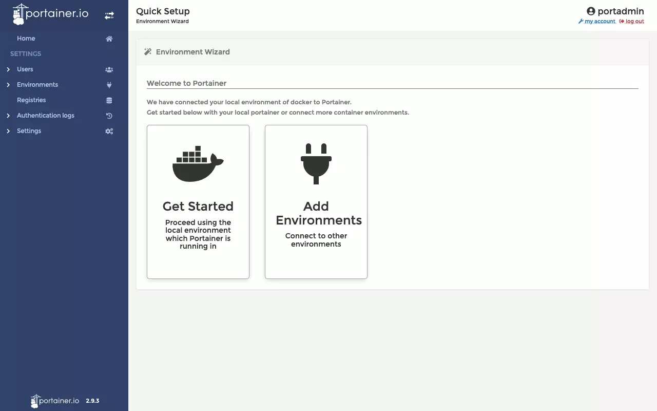 Quick Setup Wizard of the Portainer web interface