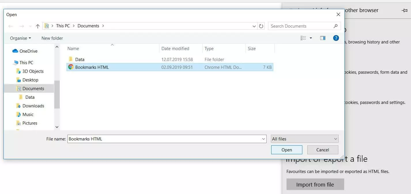 Entering the storage location of the bookmark HTML file in Microsoft Edge