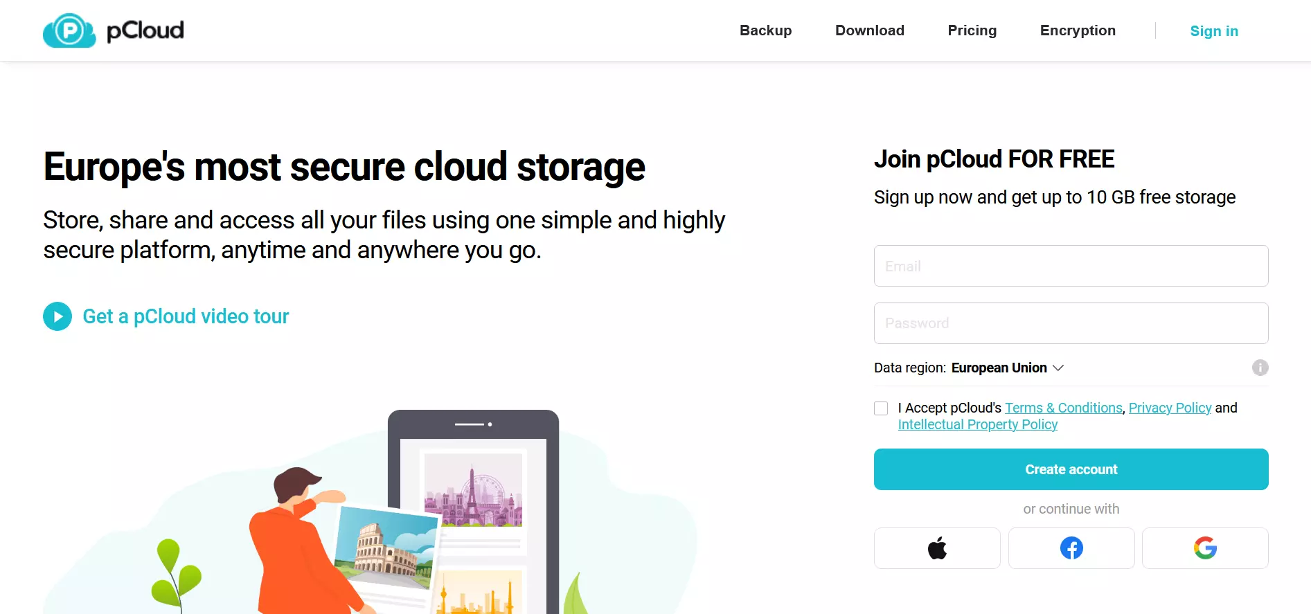 Screenshot of the introduction page of pCloud