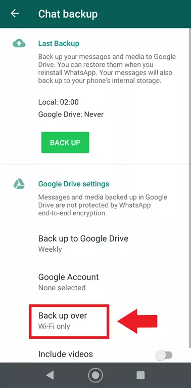 WhatsApp chat backup menu ‘Back up over’ (network selection)