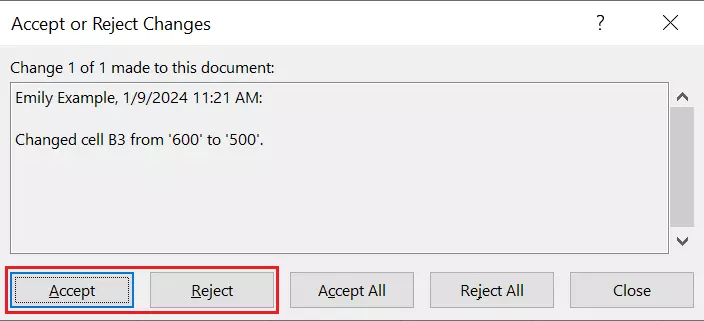 Dialog box to accept or reject changes in Excel