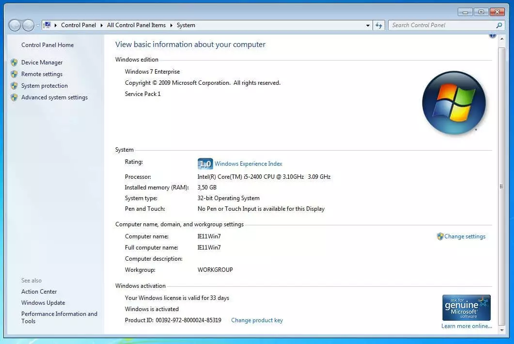 Display of the FQDN in the Windows system settings