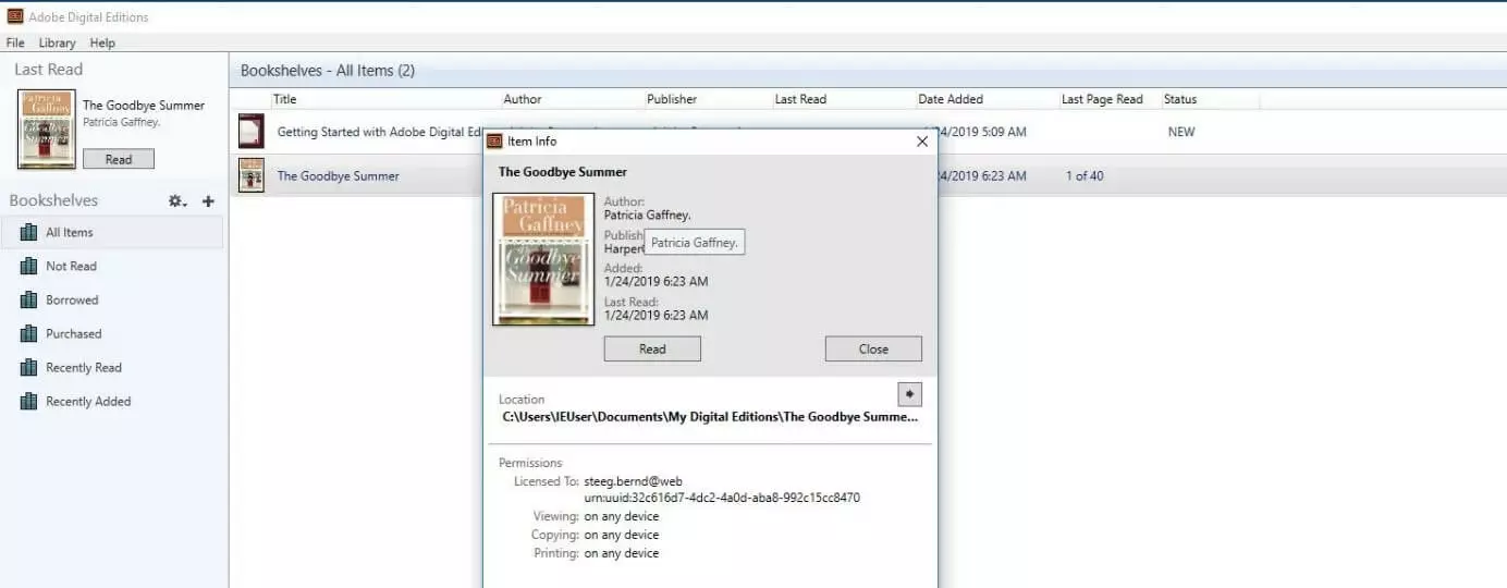 Imported e-book in Adobe Digital Editions