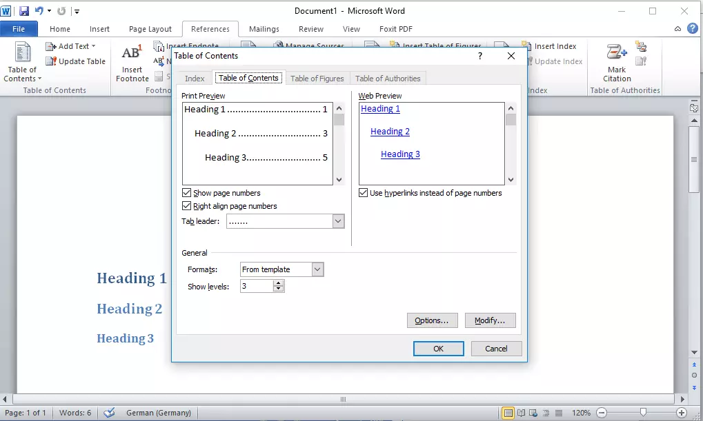 Microsoft Word 2010: Dialogue box to configure a custom table of contents