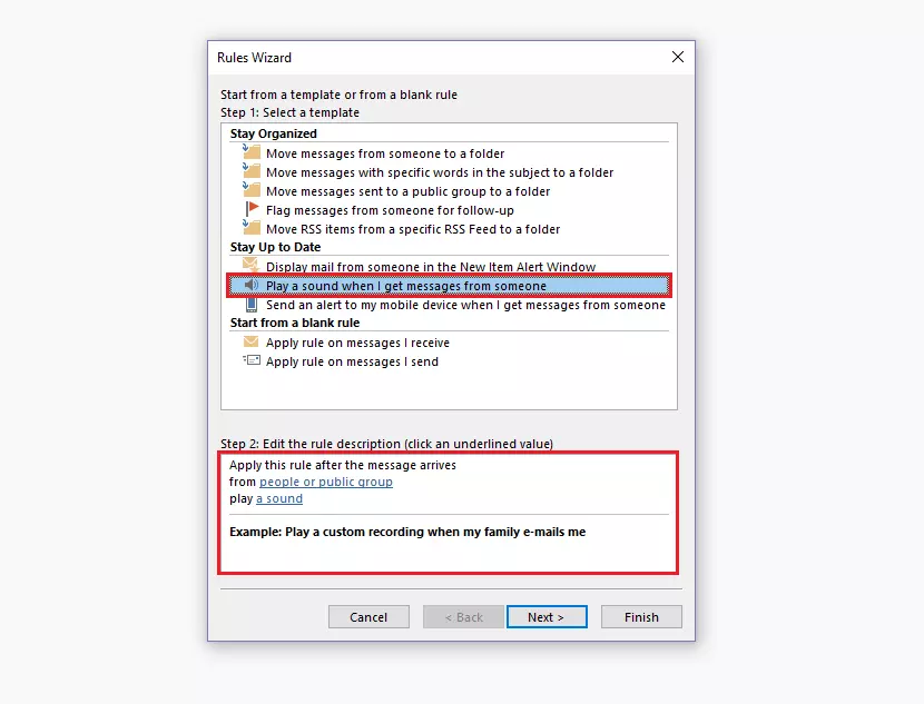 Outlook Rules Wizard: rule template selection