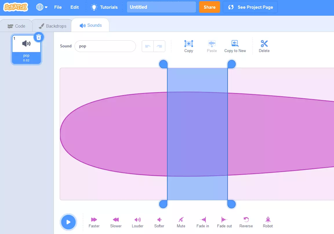 Coding with Scratch: window for editing a sound sample