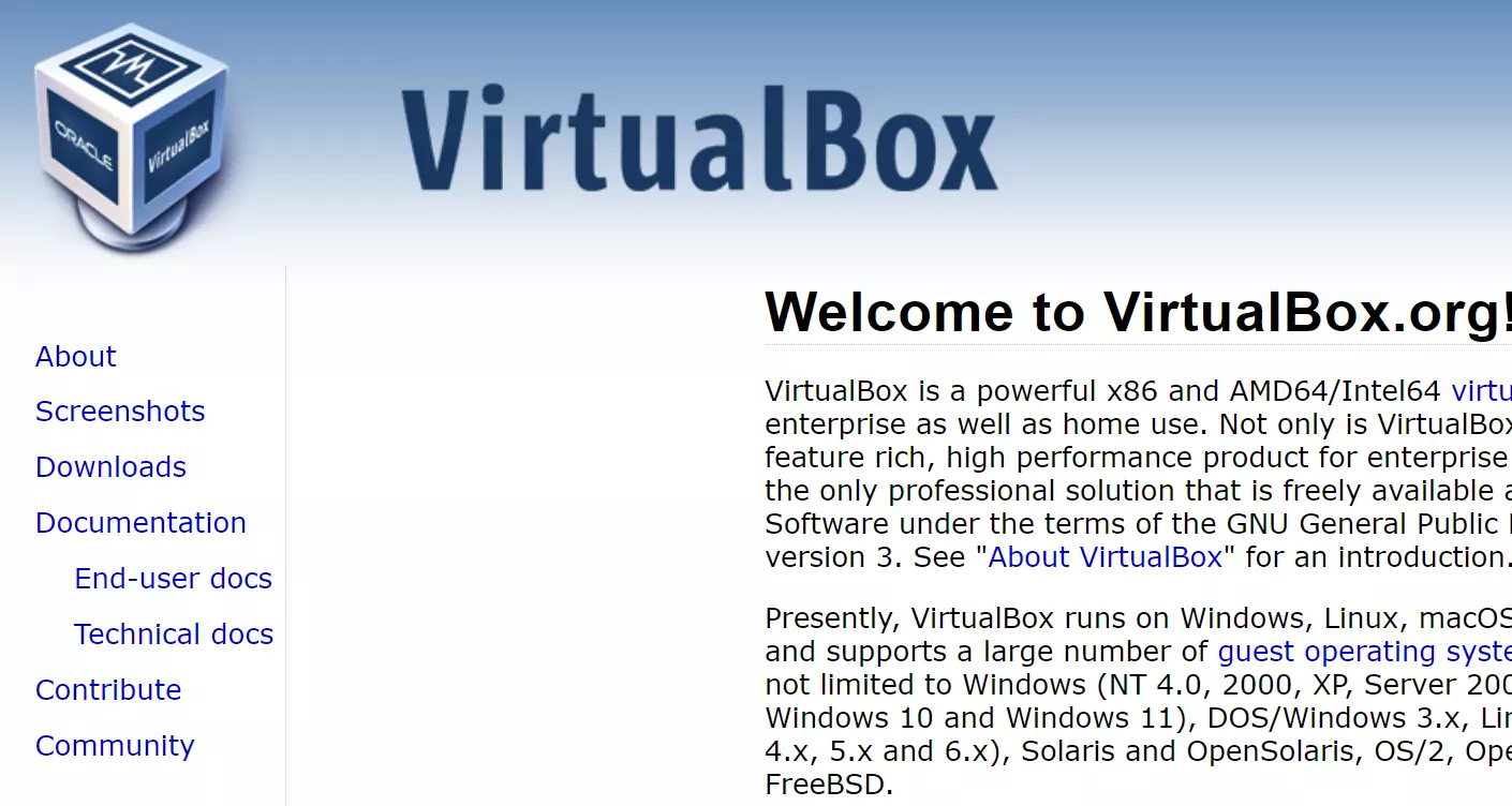 Screenshot of the VirtualBox website