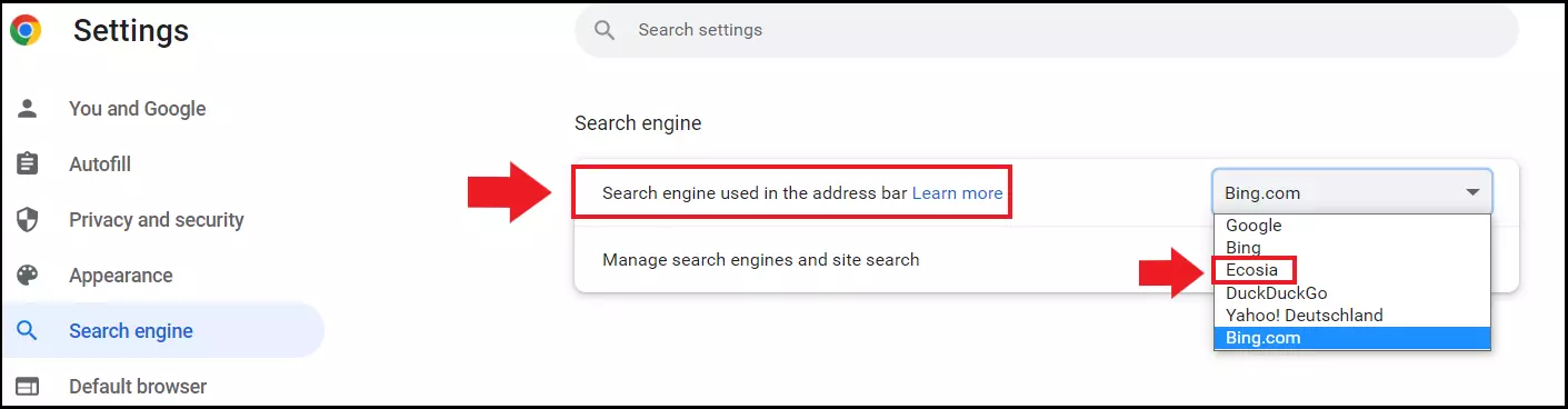 The Ecosia search engine in Chrome’s ‘Search engine’ menu