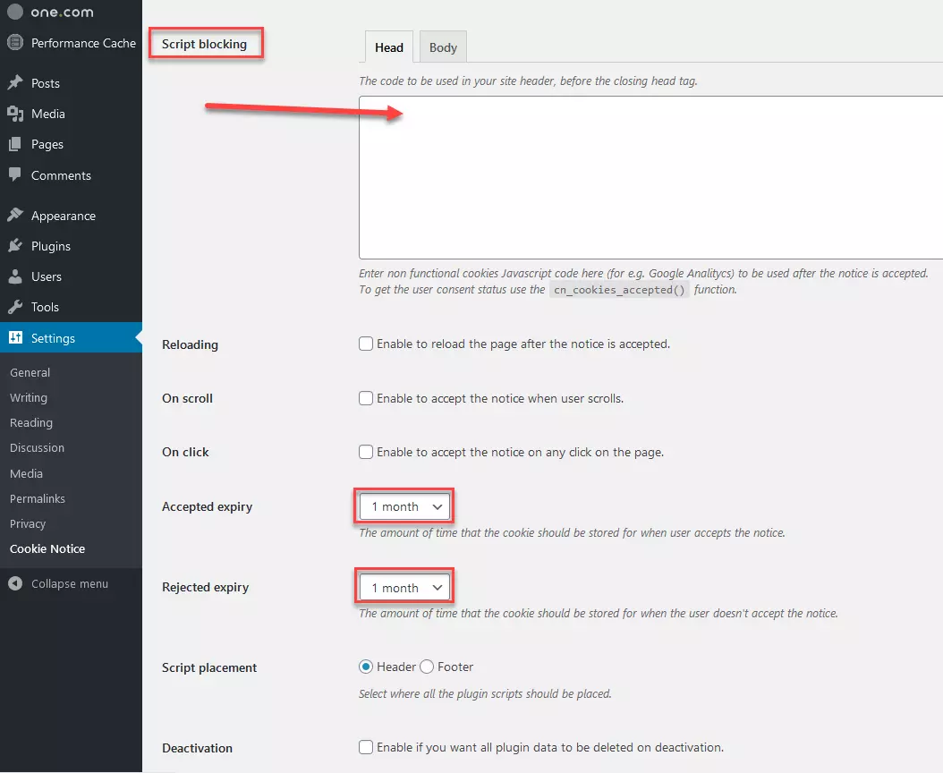 Cookie Notice: script blocking